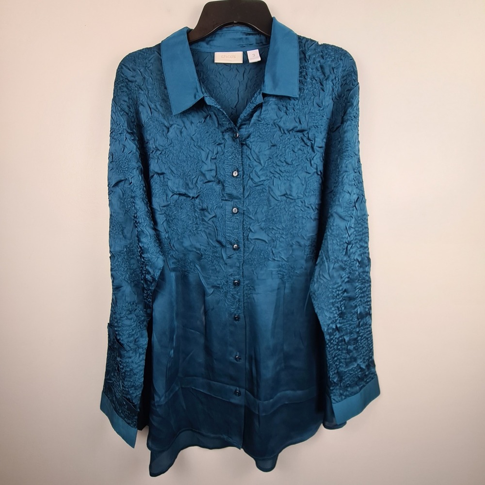 Chico's Teal Blue Crinkle Textured Button Down Shirt Satin Trim Size 3 XL 16